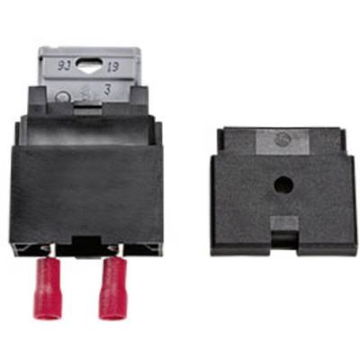 A black electronic switch with two red terminals, next to a removable cover. Suitable for electronic devices.