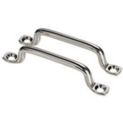 Two silver, curved metal handles, each with two holes at the ends for attachment. They are arranged side by side.
