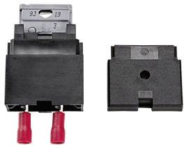 'Figure shows two fuse holders made of black plastic with red connections, one in assembled, the other in open state.'