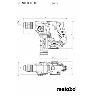 Illustration of a Metabo BH 18 LTX BL 16 hammer drill, with dimensions outlined in millimeters.