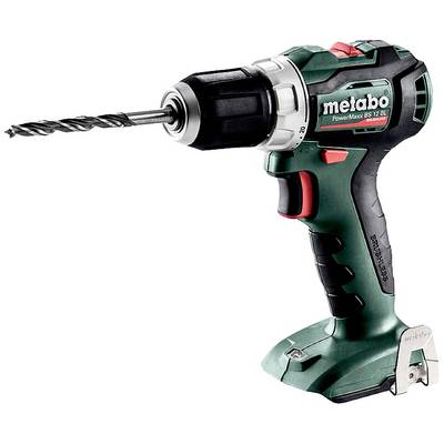 Cordless drill in green and black tones with inserted drill bit attachment, brand name 'metabo' visible.