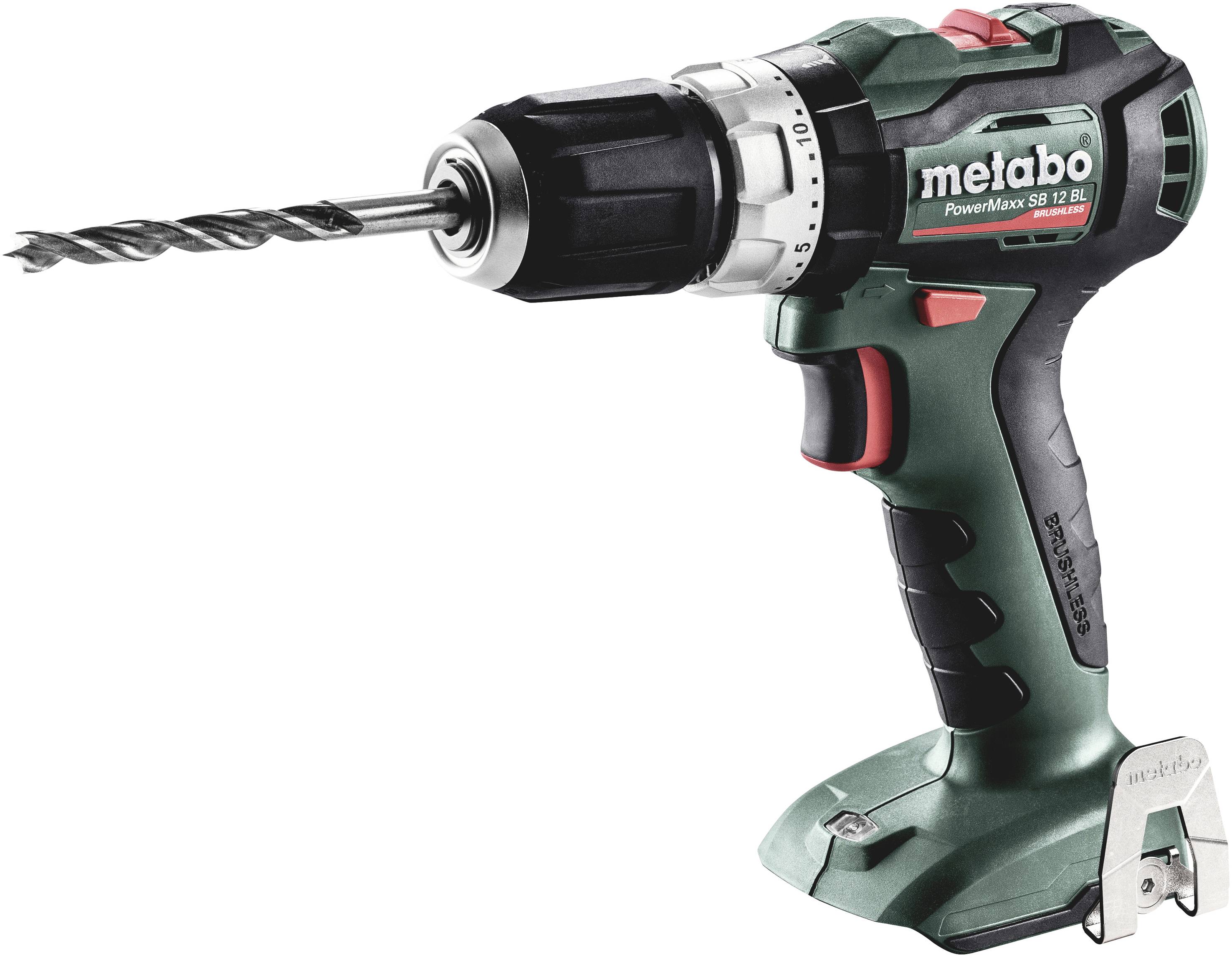 Metabo cordless drill with a chuck and drill bit at the tip, positioned at a slight angle to the right.
