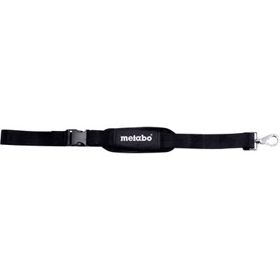 Black adjustable Metabo shoulder strap with metal clip, padded center section, and plastic buckle.