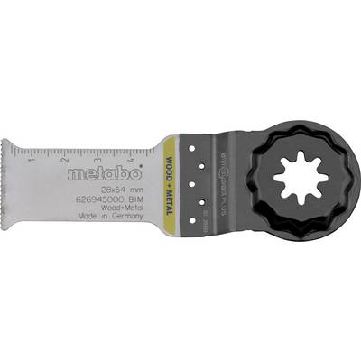 Metal oscillating tool blade labeled 'metabo' 28x54 mm, 626945000, Wood+Metal, with Starlock Plus connector and black quick-release hub.