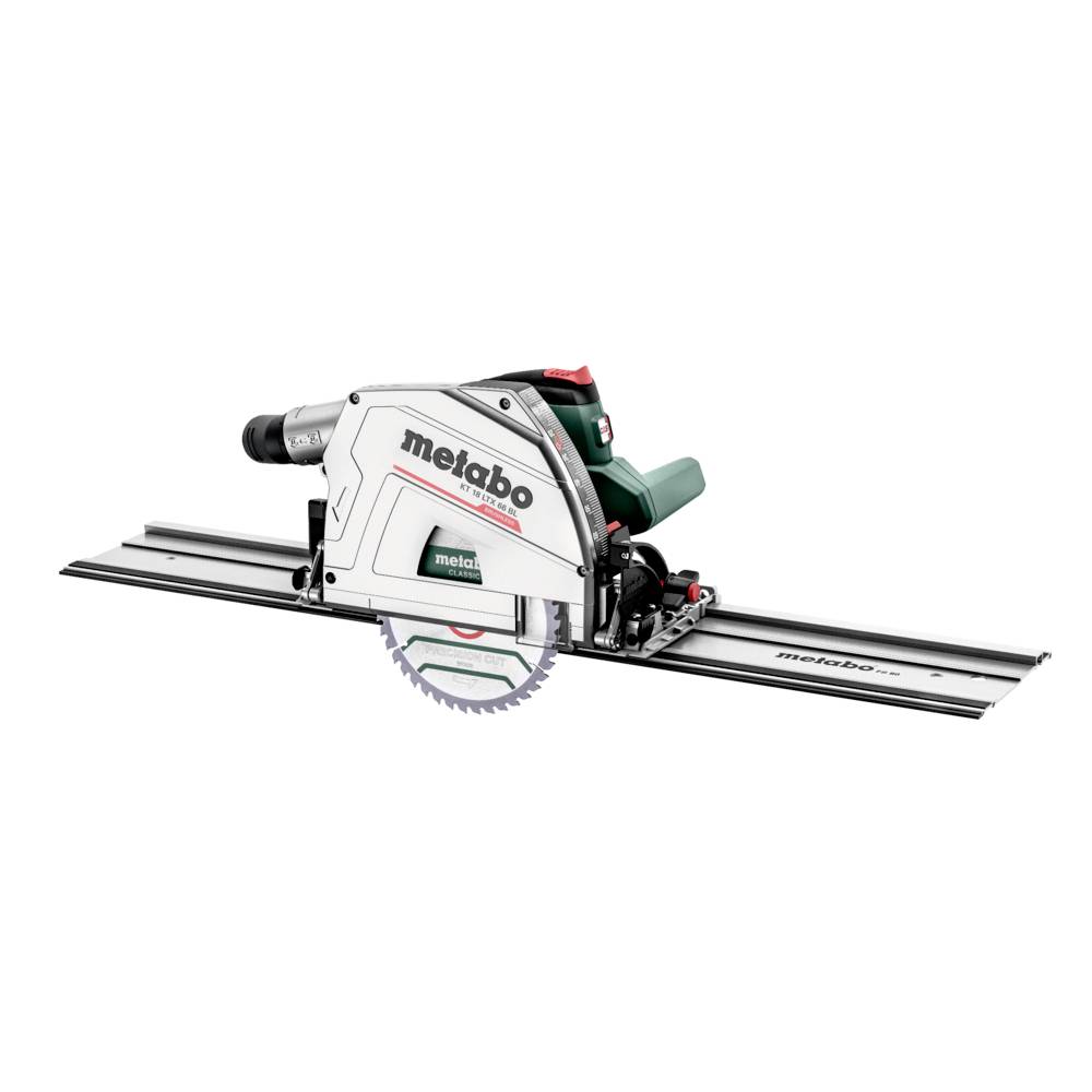 A track saw with a metal blade, featuring a green and silver design, labeled 'metabo', placed on a guiding rail for precise straight cuts.