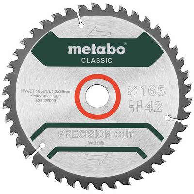 Round Metabo Classic precision cut wood saw blade with 165 mm diameter and 42 teeth, shown front view with central arbor hole.