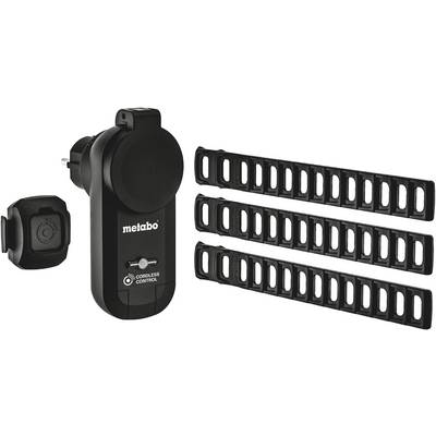 An electrical device with a remote control and three black mounting strips, likely for wireless control of machinery.