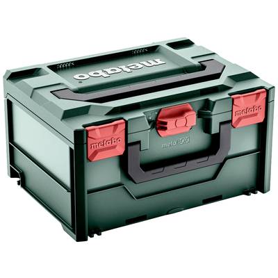 A green tool case with a red fastener and black handle, labelled 'metabo'. Ideal for storing tools.