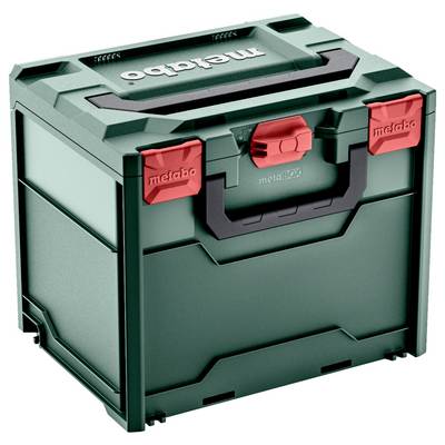 'Green and red Metabo tool storage box with a handle and latches, suitable for organizing and transporting tools.'