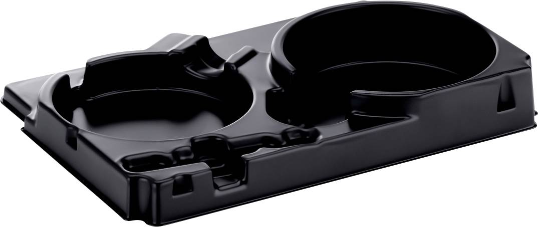 Black plastic dual cup holder tray with one round drink well and a larger open compartment.