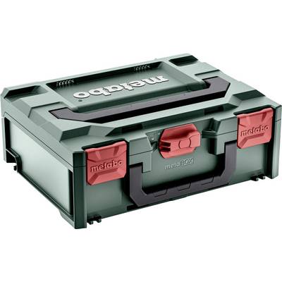 Green Metabo power tool storage case with black handle and red latches, shown in perspective view.