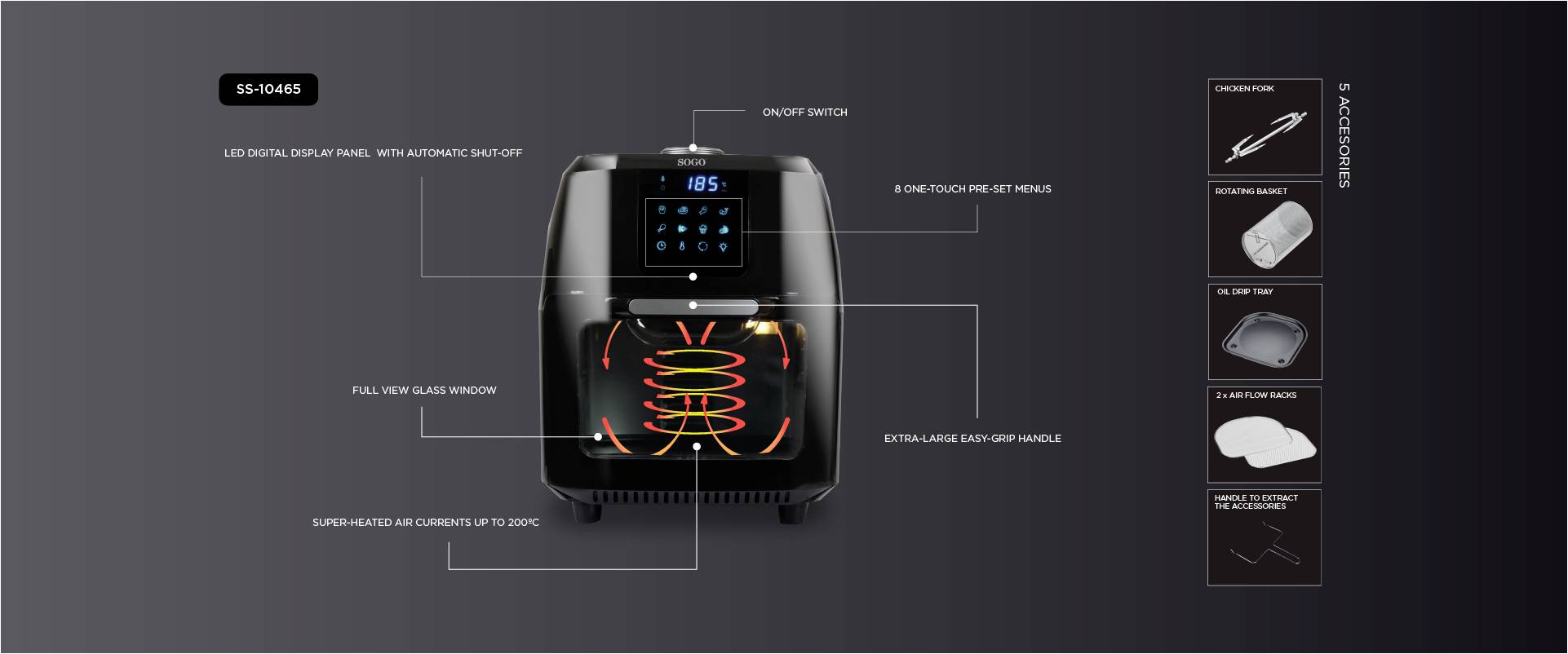 Air fryer with LED display, touch control panel, non-slip feet and various removable parts for easy cleaning.