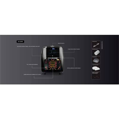 Air fryer with LED display, touch control panel, non-slip feet and various removable parts for easy cleaning.
