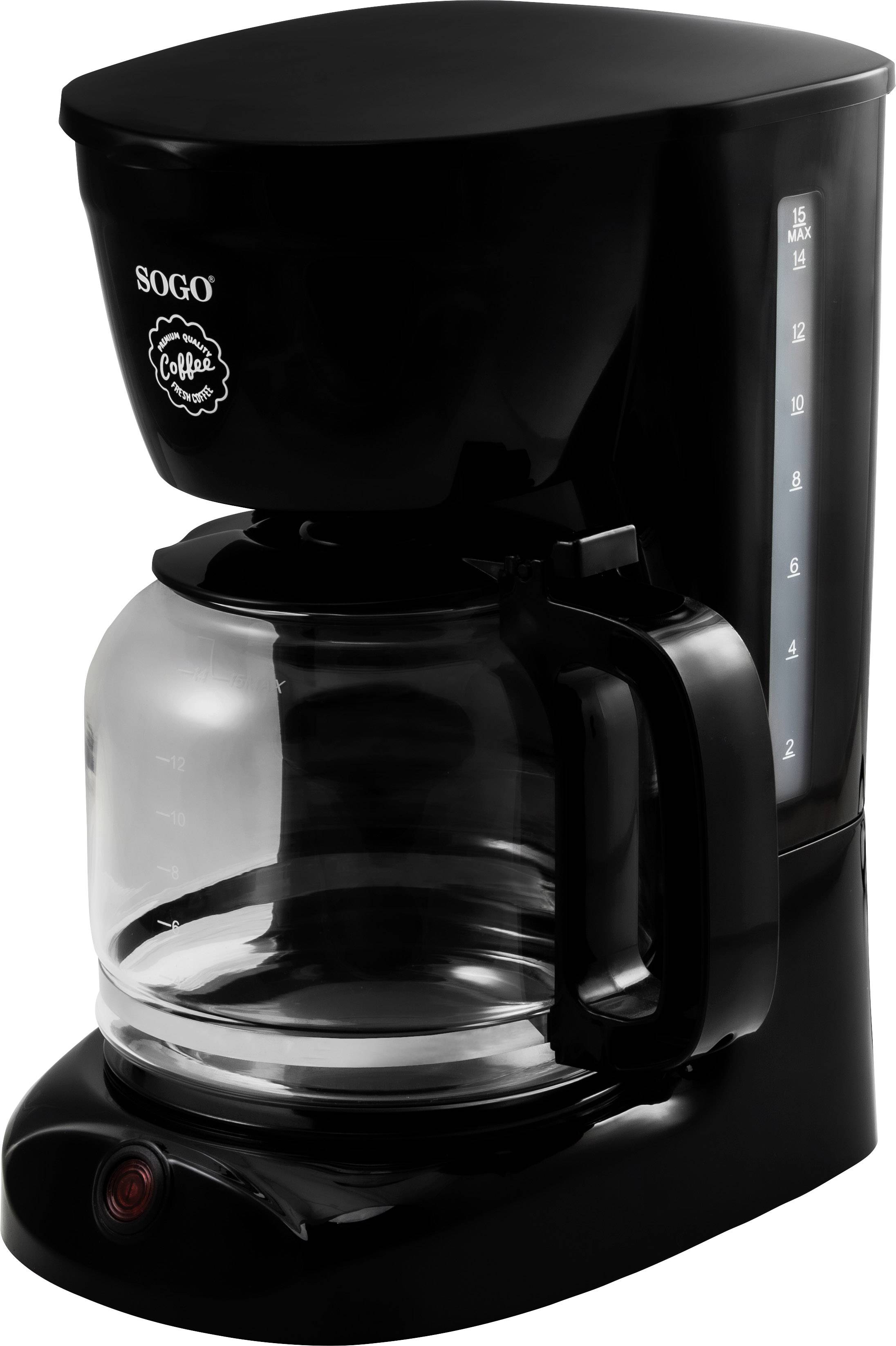 Black electric coffee machine with glass carafe. Maximum fill level marked on the side. Suitable for quick coffee brewing.