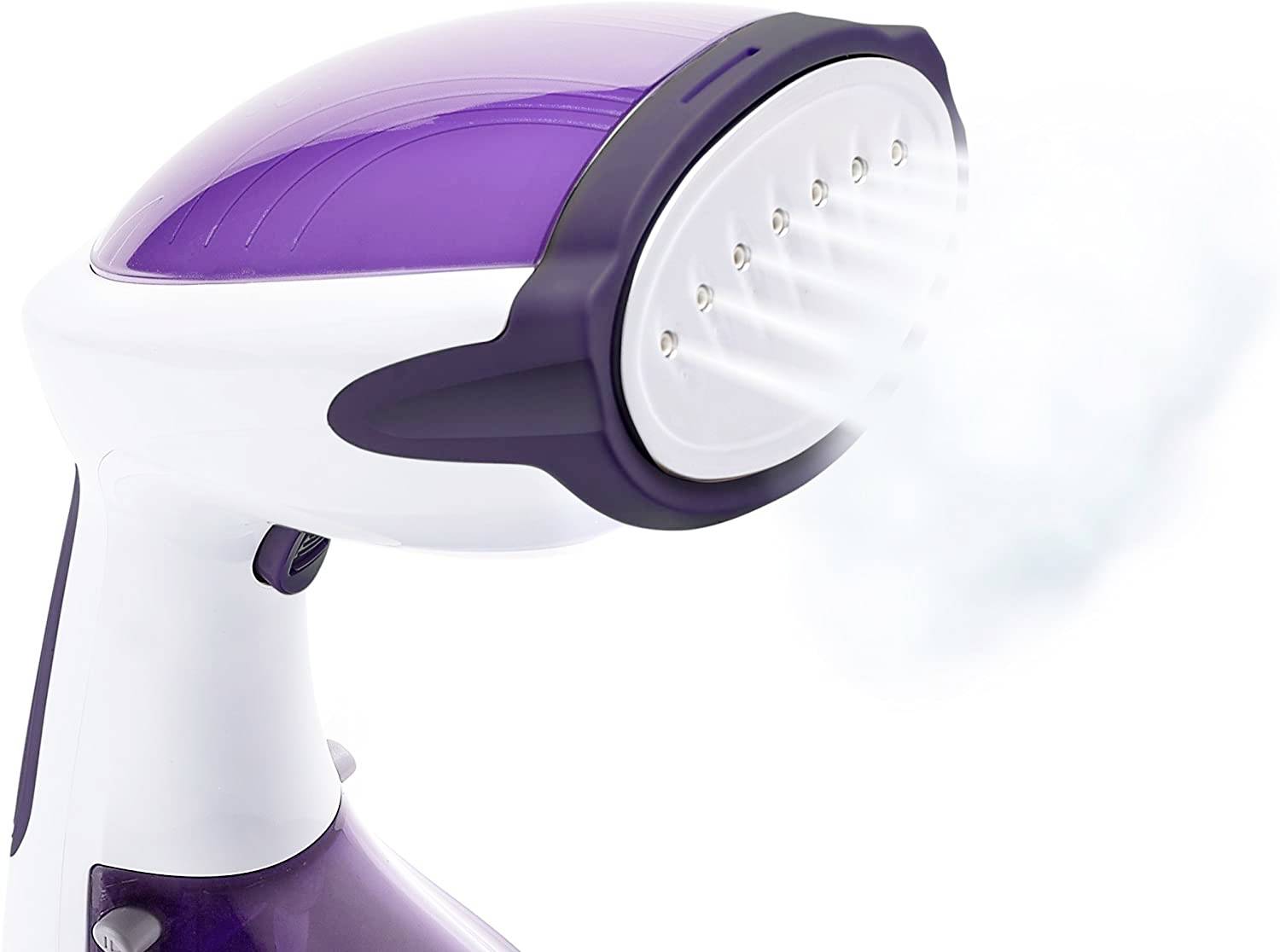 A purple-white steam straightener sprays steam. Ideal for smoothing clothing without an iron. Ergonomic design.
