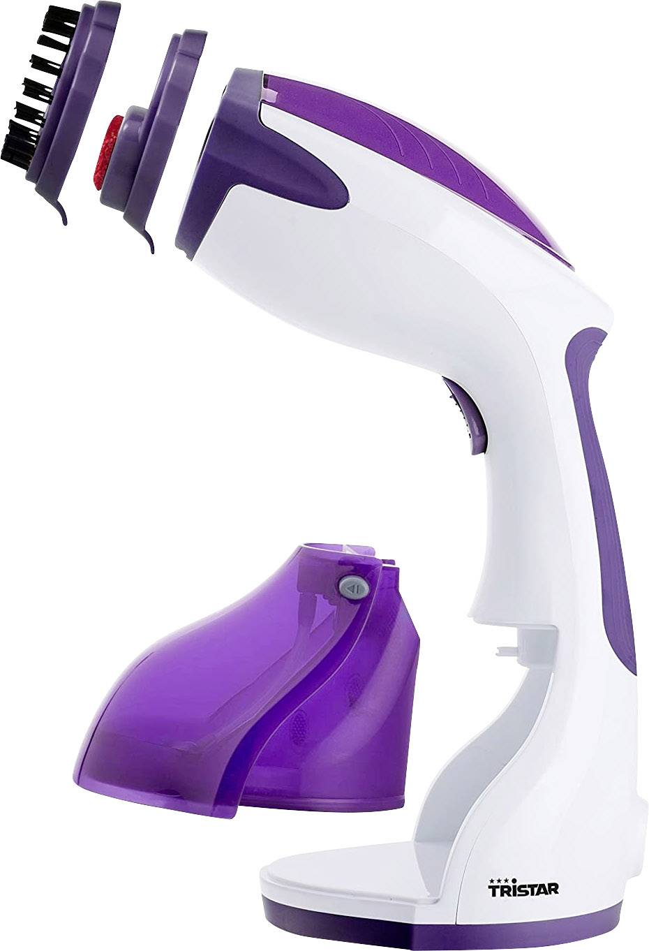 Handheld steam brush in white and violet with a removable water tank and attachments, suitable for quickly removing creases from clothing.