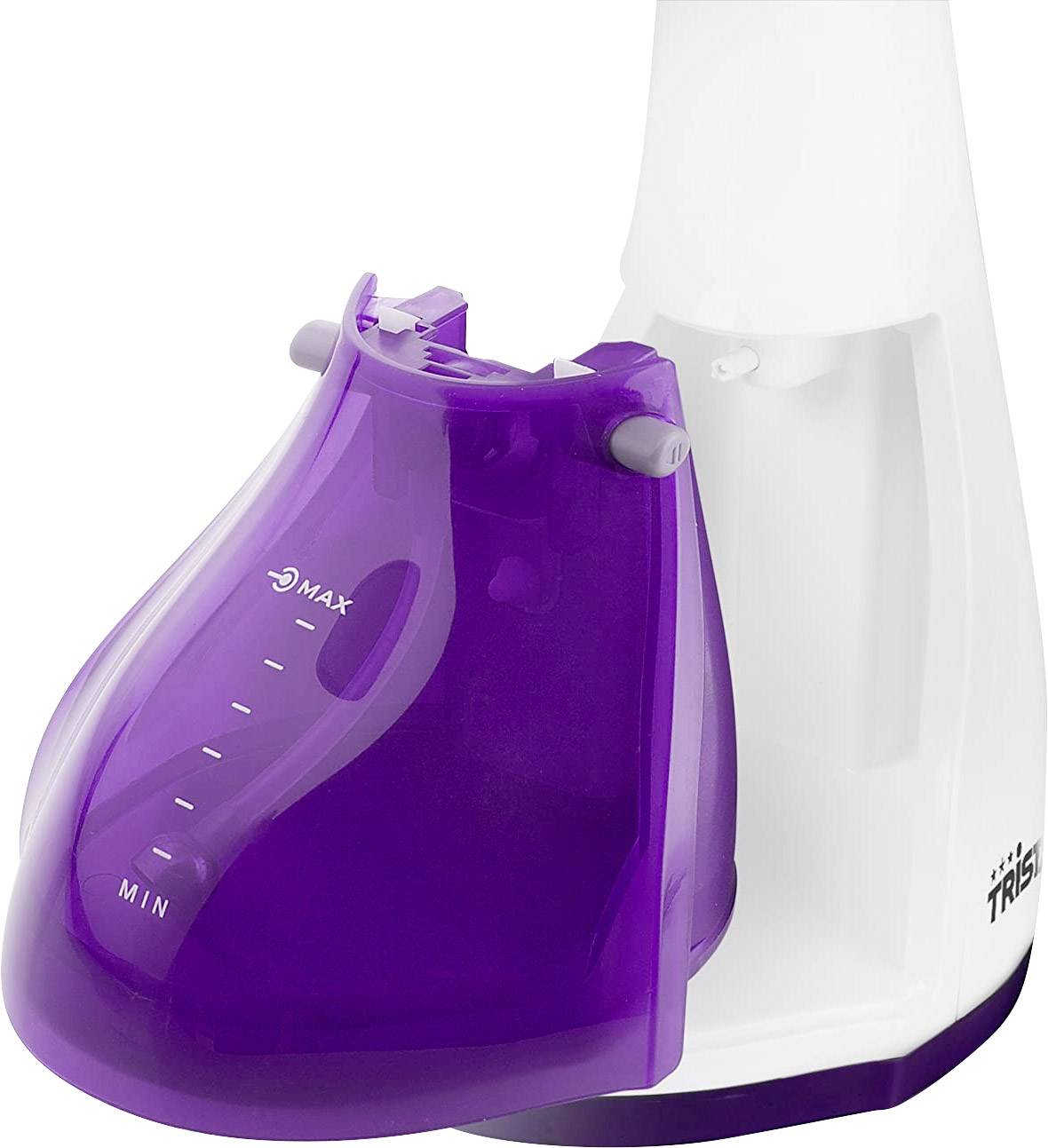 Steam iron with a purple water tank, showing water level indicator from 'MIN' to 'MAX'.