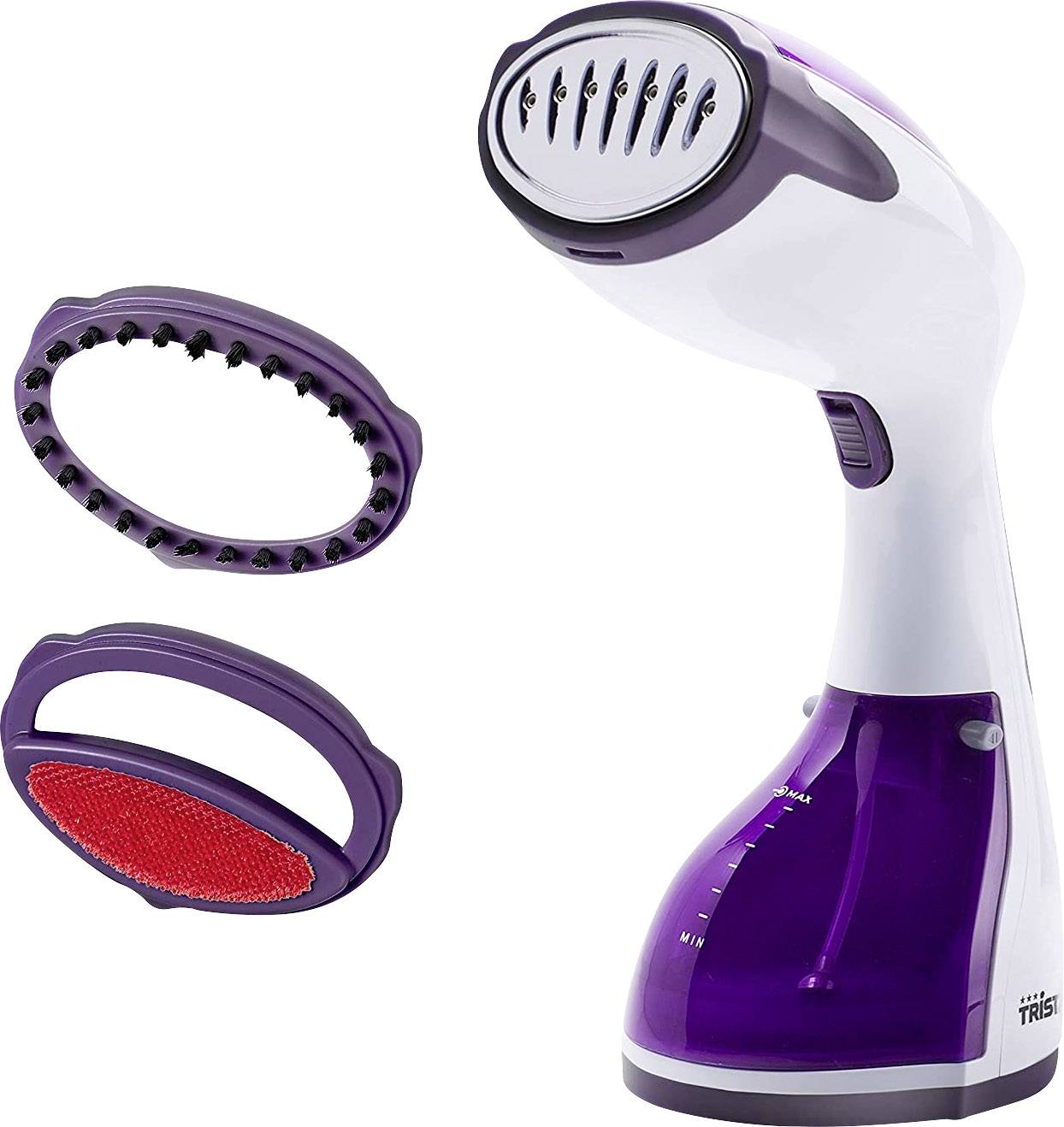 'Portable steam iron in white and lilac, with two detachable attachments for fabric care.'