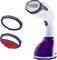 'Portable steam iron in white and lilac, with two detachable attachments for fabric care.'