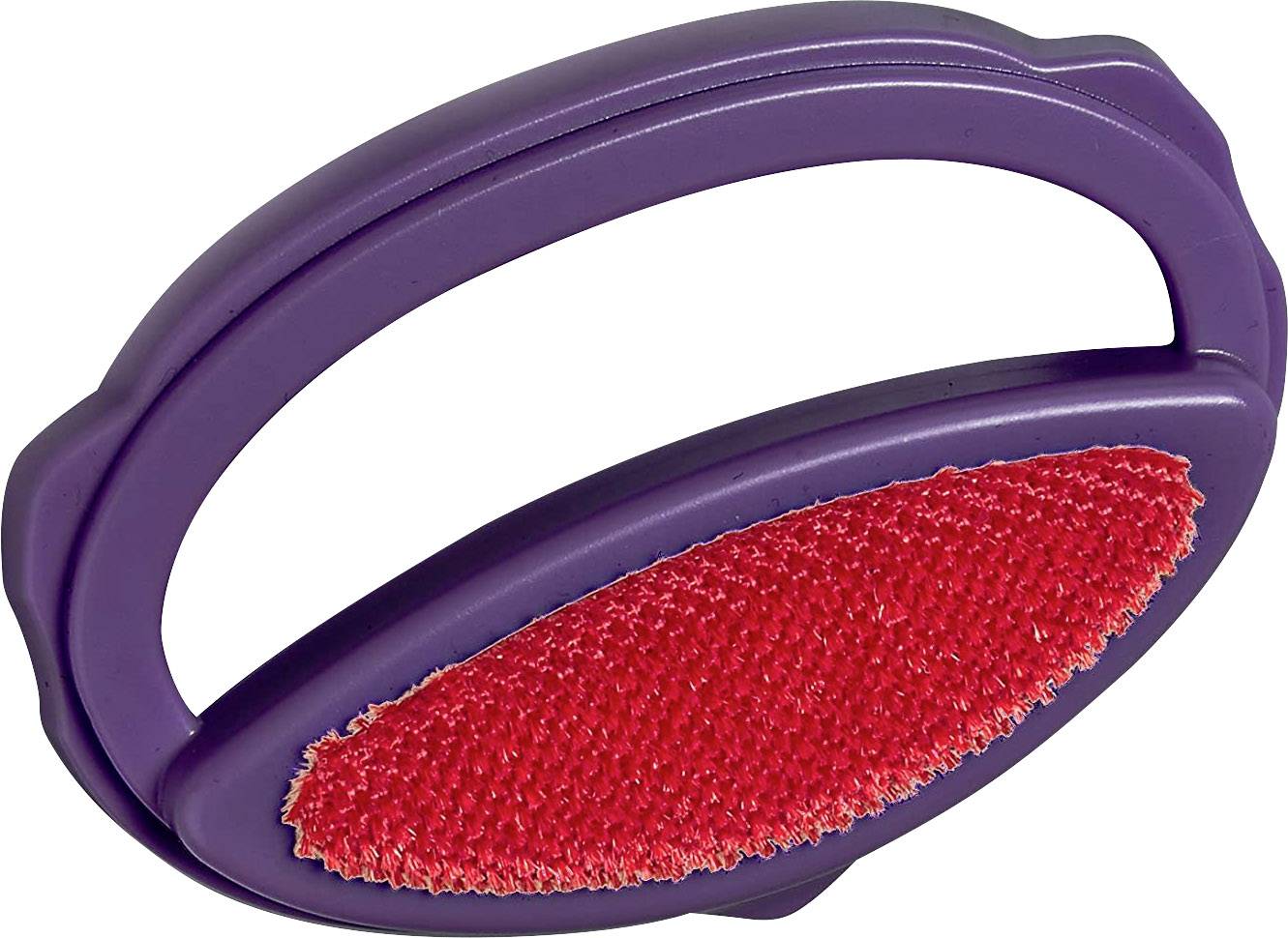 Violet clothes brush with a red bristle surface and an oval handle, suitable for removing hair or dirt from clothing.