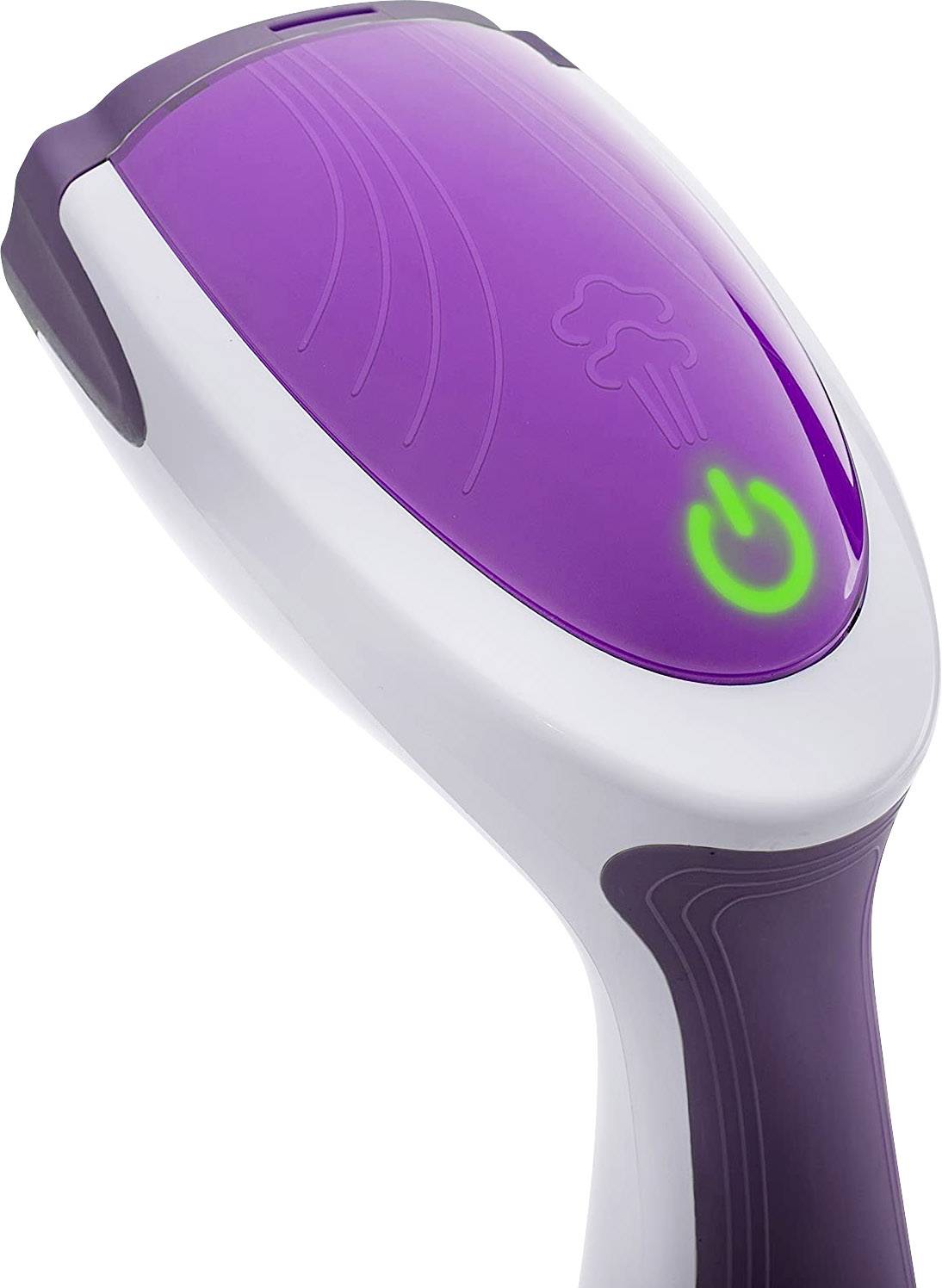 Hand steam cleaner with a lilac and grey casing. A green light indicates operational readiness.