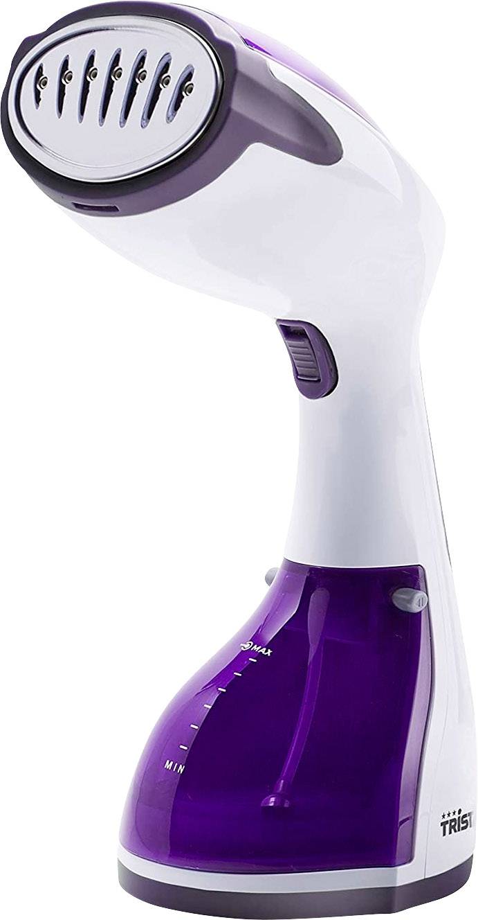 Hand steam iron in white and purple with glass water tank and steam nozzles, suitable for smoothing clothing.