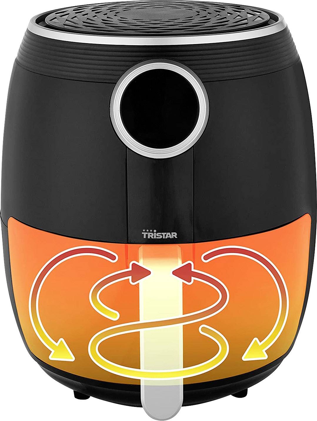 Air fryer with a black casing. Orange graphic demonstrates hot air circulation for oil-free frying.