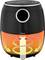 Air fryer with a black casing. Orange graphic demonstrates hot air circulation for oil-free frying.