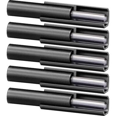 Five black permanent markers with transparent caps, arranged side by side.