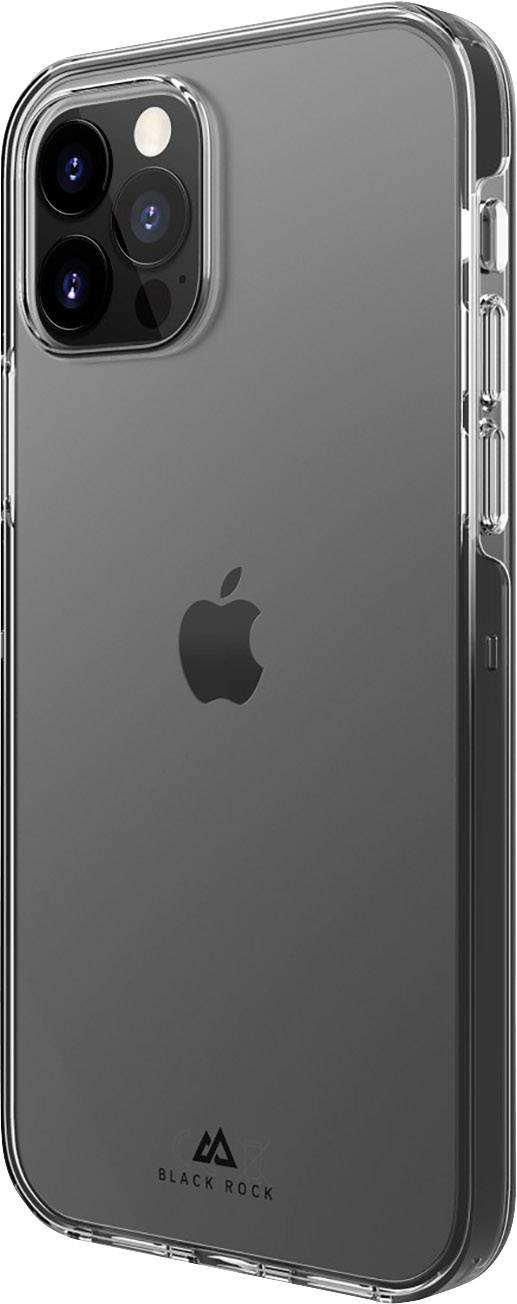 An iPhone with a dark back panel and an Apple logo in the centre. Triple-camera positioned top left. A transparent case protects the device.