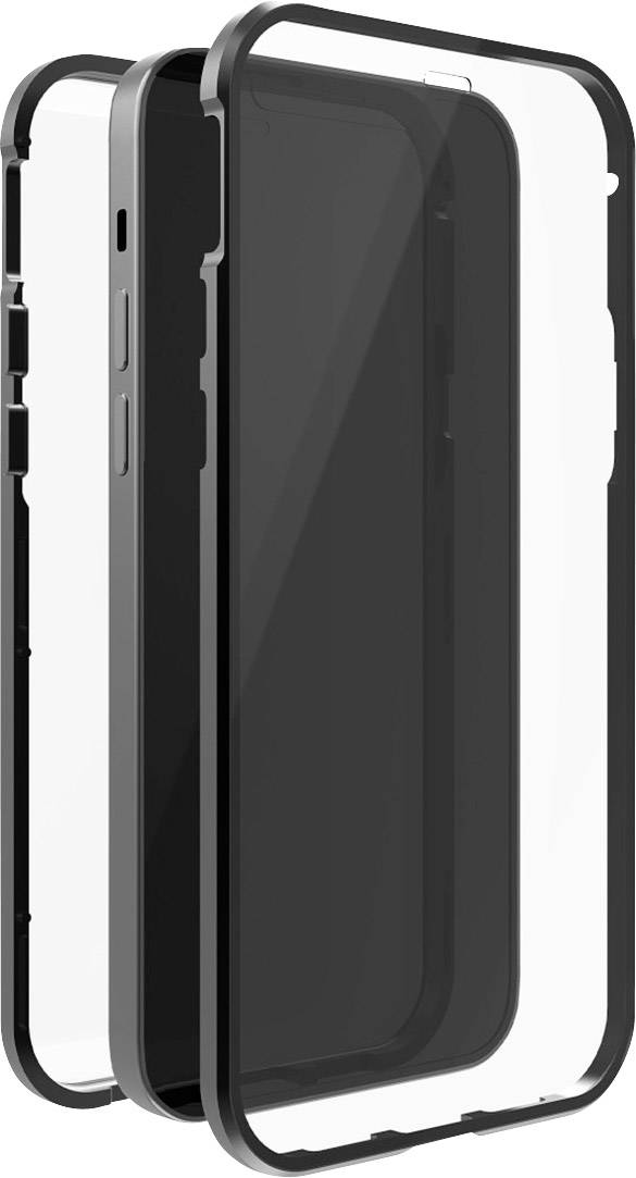 Black mobile phone case with transparent back panel; demonstrates three-layer protection for smartphone.