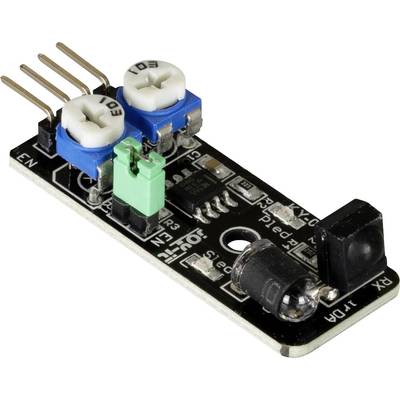 Infrared distance sensor module with blue potentiometers, black integrated circuit chip and pins on a black circuit board.