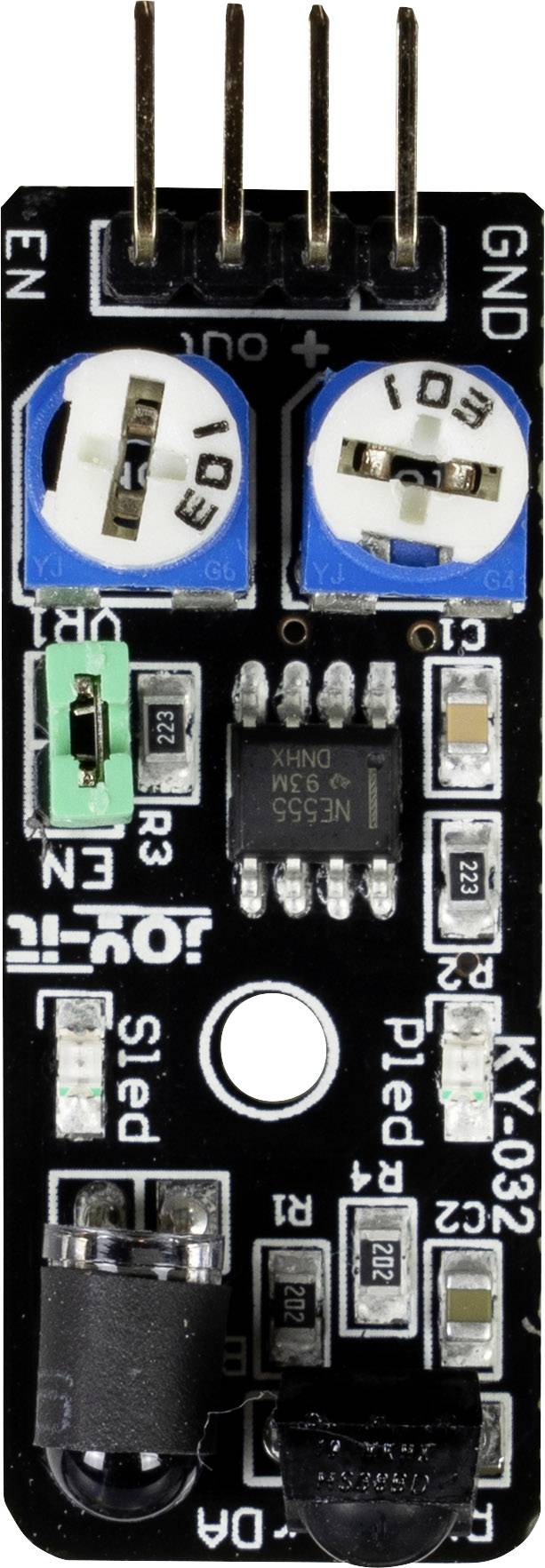 Electronic circuit board with multiple components, including two potentiometers, a chip and several pins. Used for technical applications.