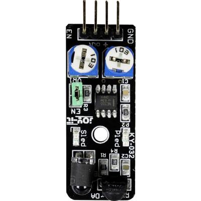 Electronic circuit board with multiple components, including two potentiometers, a chip and several pins. Used for technical applications.