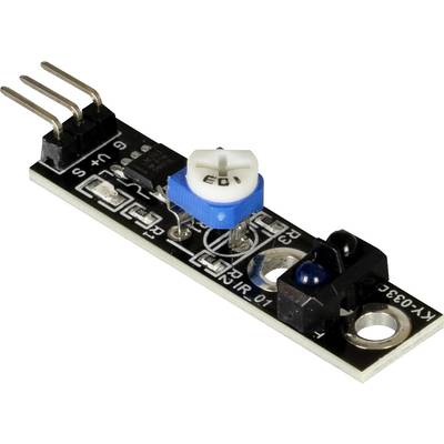 Infrared Photointerrupter Module with Blue Potentiometer Control, Three Pins and Black-White Circuit Board for Obstacle Detection.