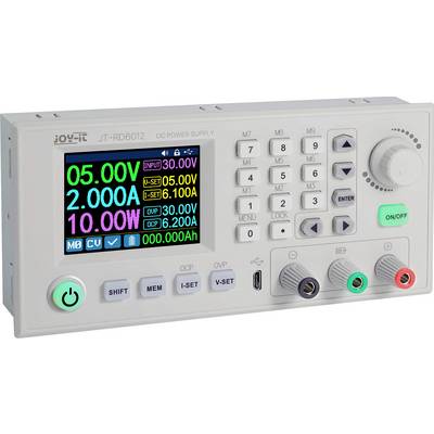 This illustration shows a digital power supply with a display indicating voltage and current values, along with control buttons for settings.