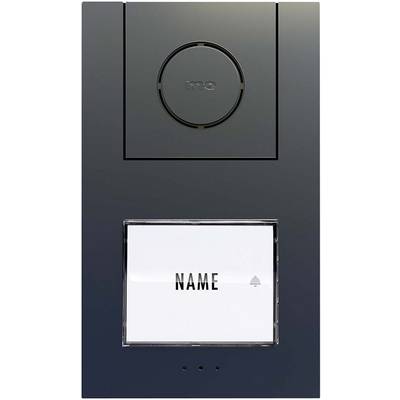 Doorbell with a square nameplate reading 'Name', and a circular bell button positioned above it. Dark border.