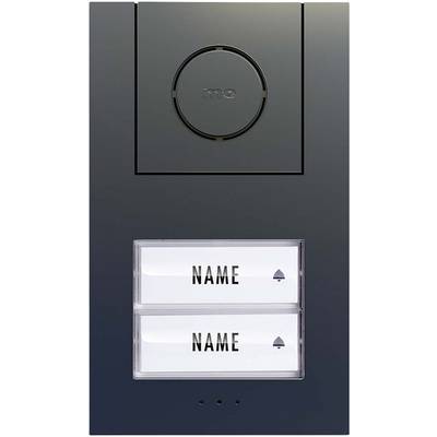 Twin bell push button with two name plate fields and speaker at the top. Suitable for multi-occupancy building entrance.