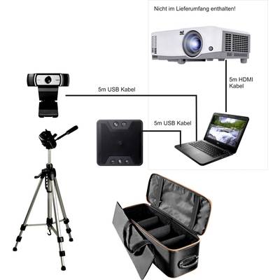 'Presentation Set': Webcam, Microphone, Tripod, Laptop with HDMI Cable, Projector (not included), Carry Case, Five-Metre USB Cable.