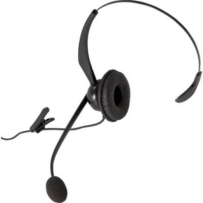 A black headset with a boom microphone and an earpiece, suitable for use in call centres or for online meetings.