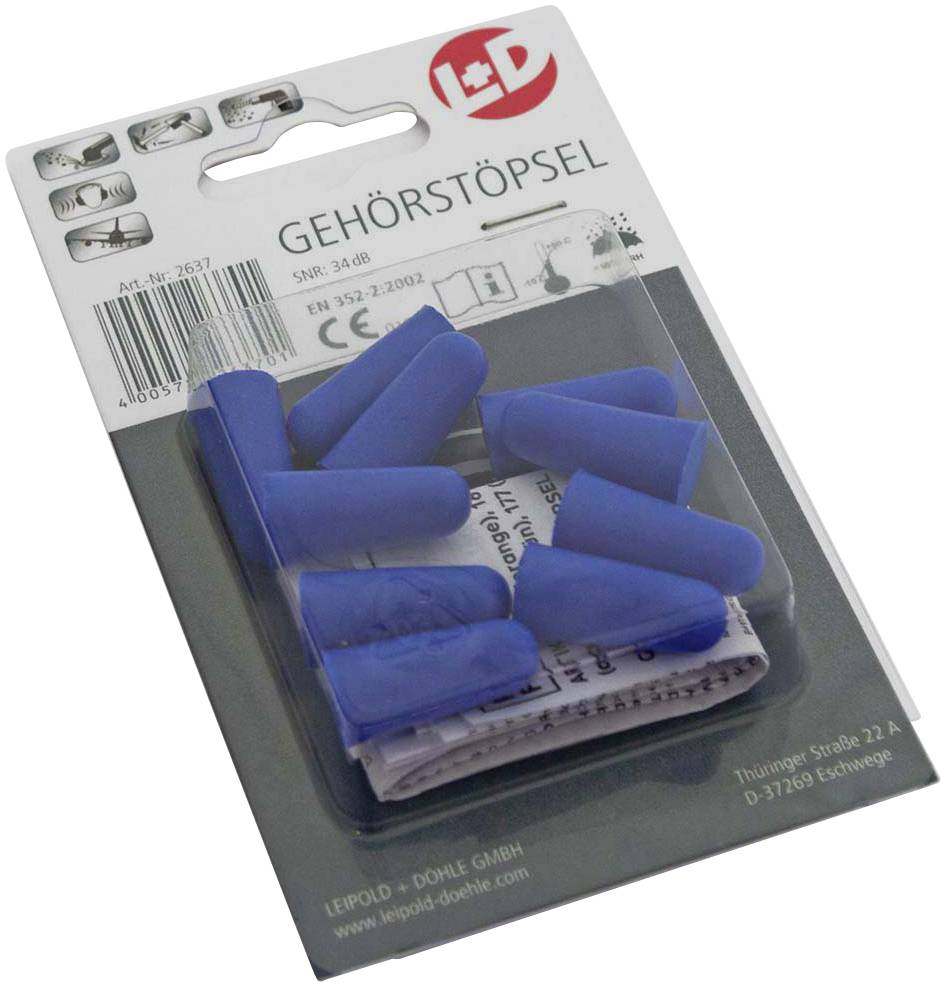 Packaging containing blue earplugs. Brand name, manufacturer's address and safety standard on the packaging.
