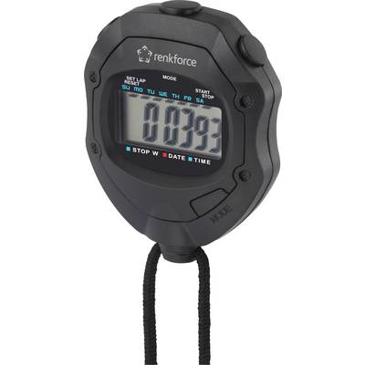 Black Renkforce stopwatch with digital display. Shows time '00:39'. Buttons for start/stop, date and time.