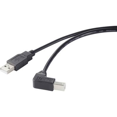 A black USB cable with a standard USB-A plug and an angled USB-B plug, used for device connections.