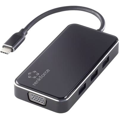 'Black USB-C adapter with VGA and three USB ports, marked with "renkforce".'