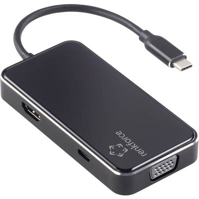 A black USB-C multiport adaptor with multiple outputs, including HDMI, VGA and USB-A, suitable for connecting devices.