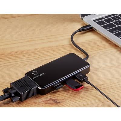 Renkforce hub with multiple connected devices on a wooden desk, connected to a laptop.