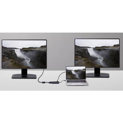 A laptop is connected to two monitors via an adapter, both displaying the same landscape image of a waterfall.