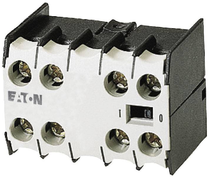 An electrical relay by Eaton with eight screw terminals and a small switch in the centre, positioned on a black base.