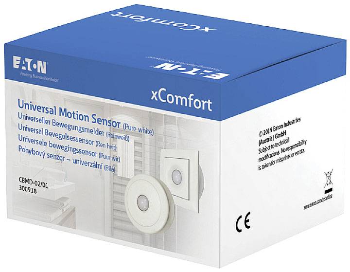 Packaging of a universal motion sensor from the xComfort brand by Eaton, showing product image and multilingual labelling.