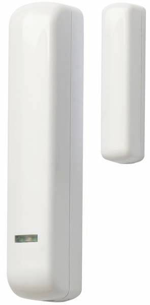 Two white magnetic contacts, different in size, for door or window monitoring in a security system.